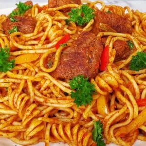 Spaghetti with meat or liver or kidney- Bread